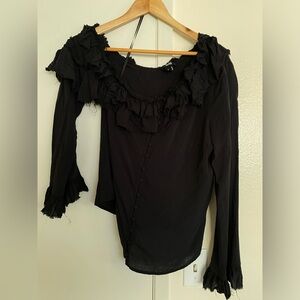 Paige Jeans Black Off the Shoulder Ruffle Top Blouse Long Sleeve Size S Black